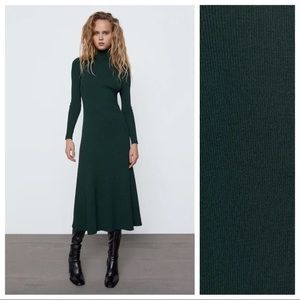 NWT Zara Dark Green Knit Midi Dress Size Medium